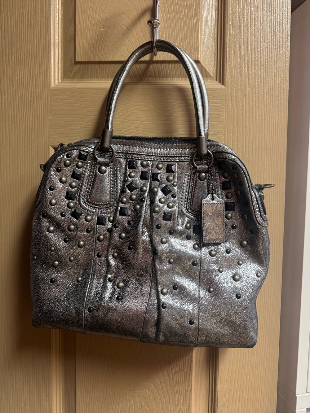Coach Metallic Studded Satchel - Silver